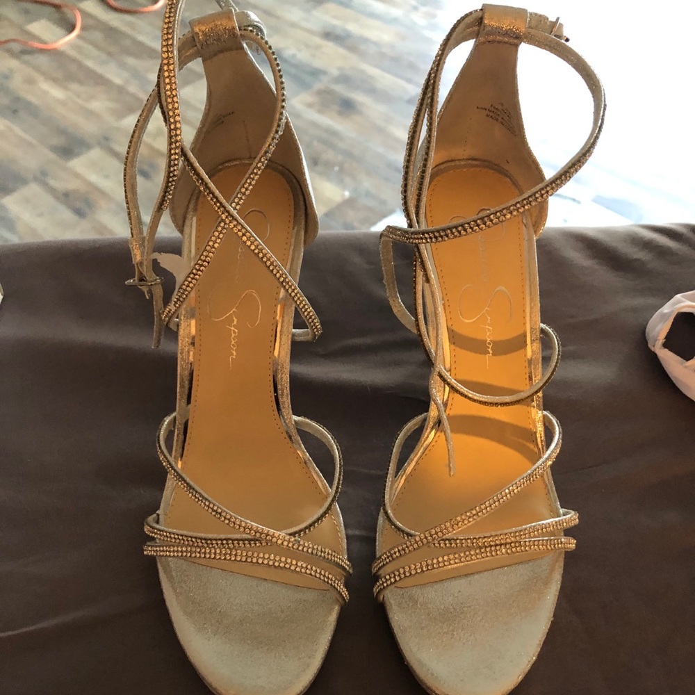 Silver rhinestone heels by Jessica Simpson.